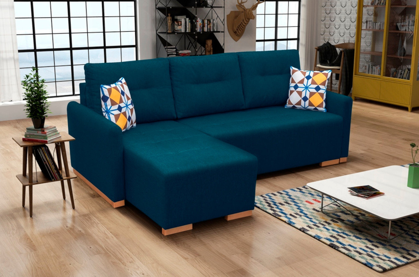 Rozkładany narożnik FIESTA z pojemnikiem na pościel w skandynawskim stylu