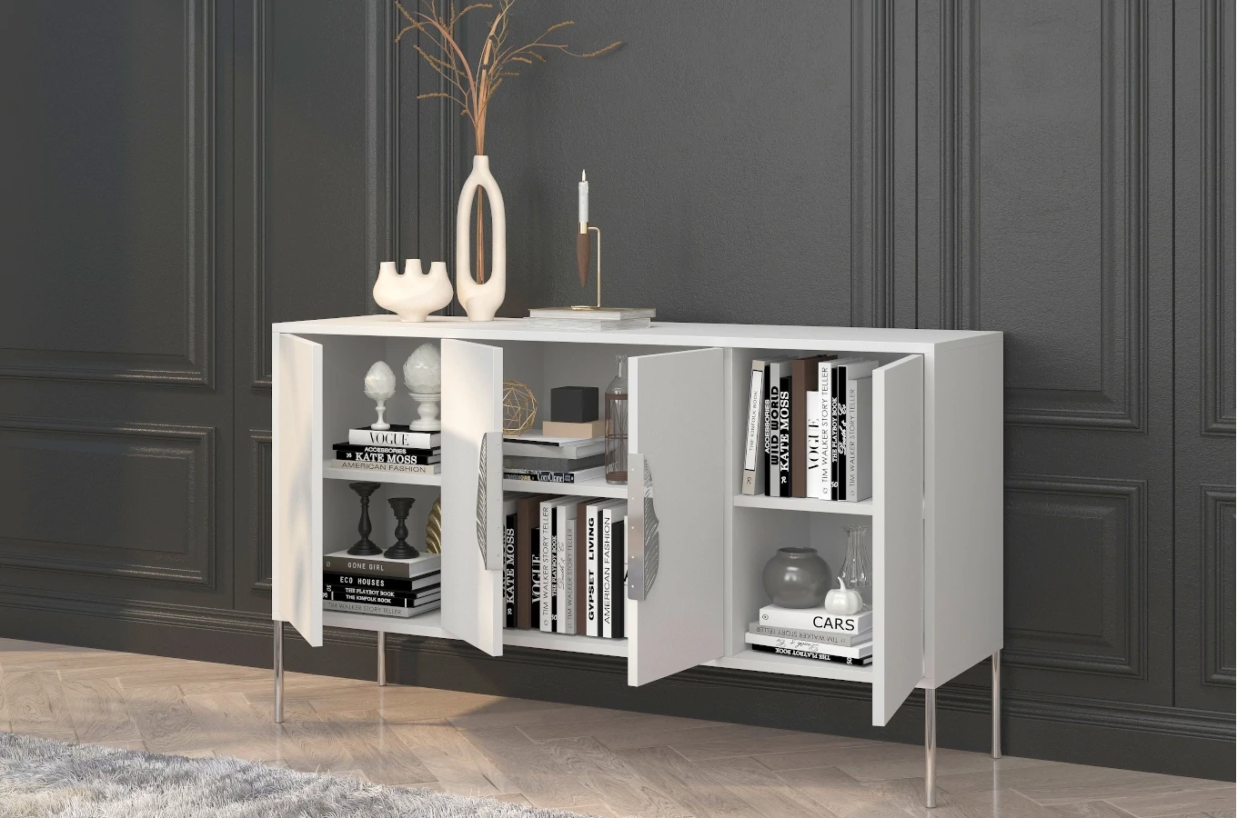 Biała komoda Skandica MERLIN ze srebrnymi dodatkami / szer. 138 cm