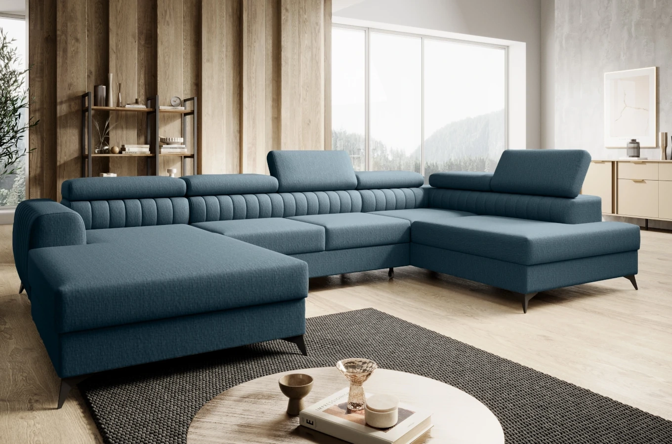 Nowoczesny narożnik PLAZA z funkcją spania i dwoma pojemnikami na pościel