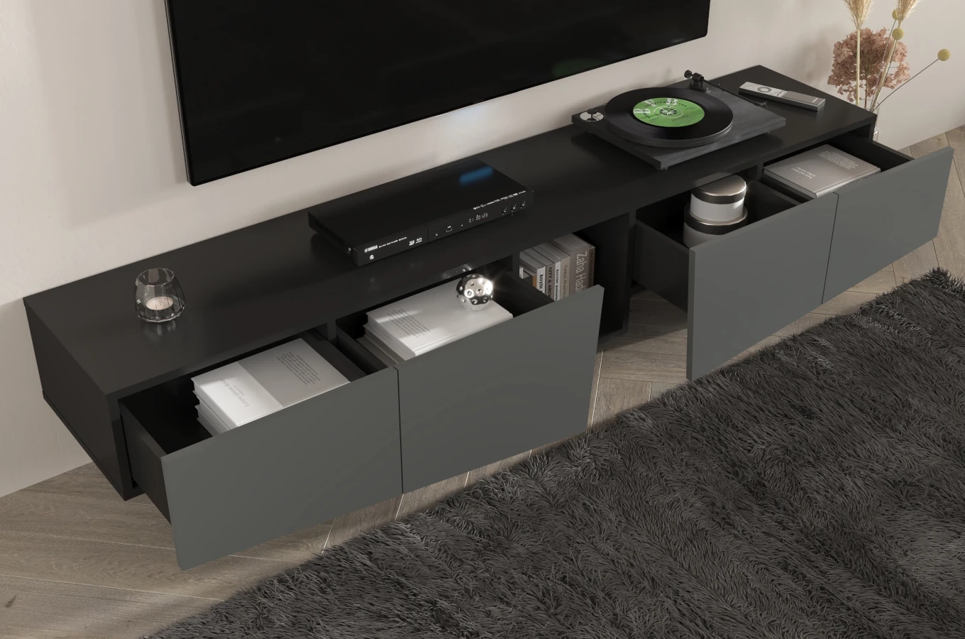 Nowoczesna szara szafka RTV z szufladami Skandica WING / szer. 200 cm