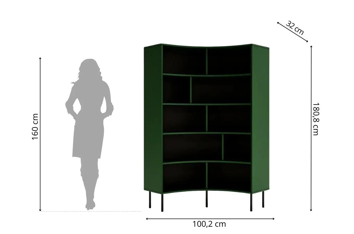 Nowoczesny narożny regał na książki Skandica HORN z czarnymi nogami / zielony / szer. 100 cm