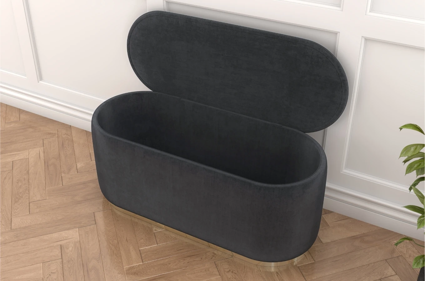 Szary owalny puf ze schowkiem Dancan SCARLETT na złotej podstawie