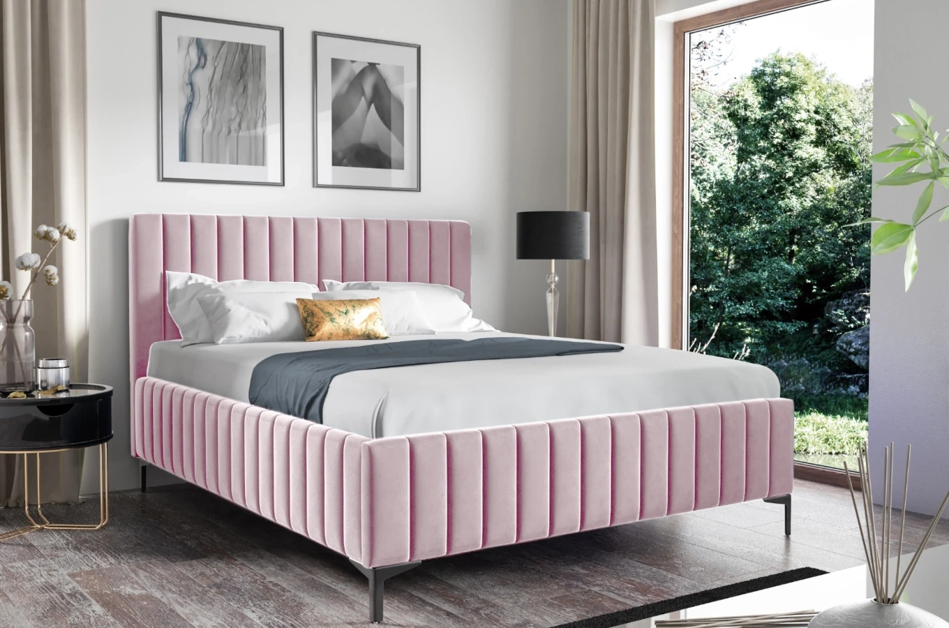 Eleganckie tapicerowane łóżko KORNELIA na metalowych nogach