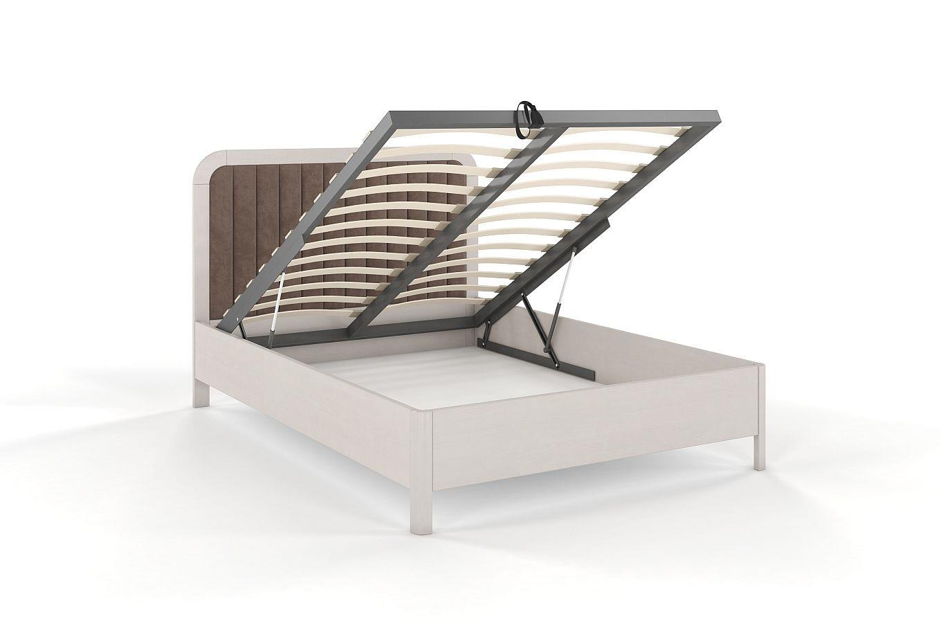 Tapicerowane łóżko drewniane sosnowe Visby MODENA BC z wysokim zagłówkiem / 160x200 cm, kolor biały, zagłówek Casablanca 2306 (skrzynia na pościel)