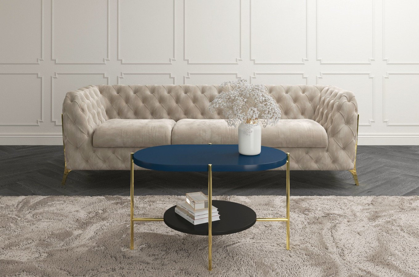 Nowoczesny stolik kawowy Dancan ARENA / złota podstawa + granatowy i czarny blat