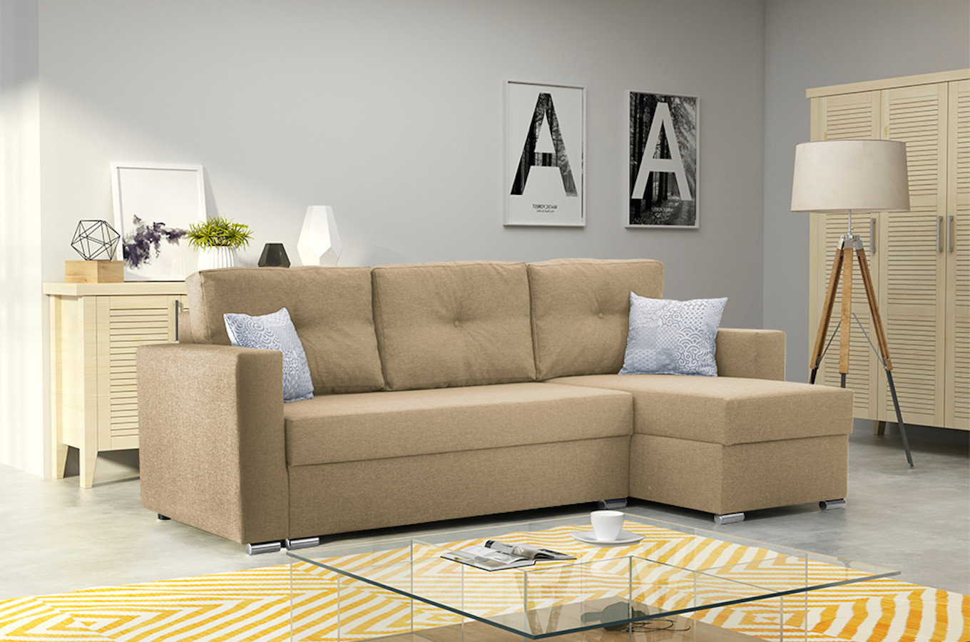 Nowoczesny narożnik ALESIO z funkcją spania i pojemnikiem na pościel