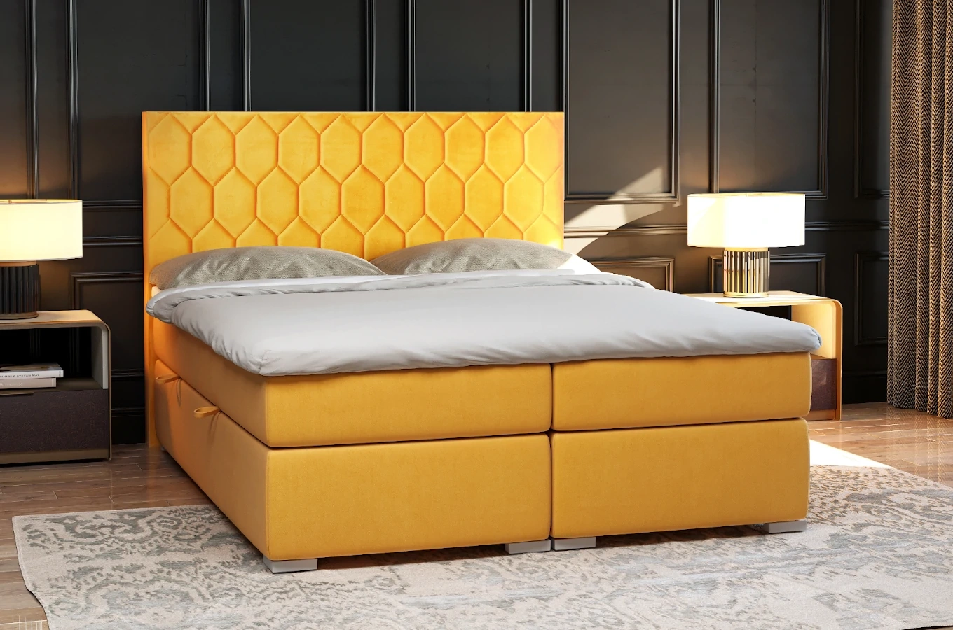 Eleganckie tapicerowane łóżko kontynentalne do sypialni NICOLA z pojemnikiem na pościel
