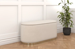 Beżowy owalny puf ze schowkiem Dancan SCARLETT na złotej podstawie