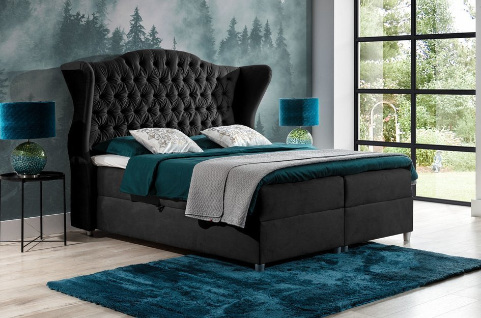 Eleganckie tapicerowane łóżko kontynentalne VASTO z pikowaniem chesterfield na zagłówku