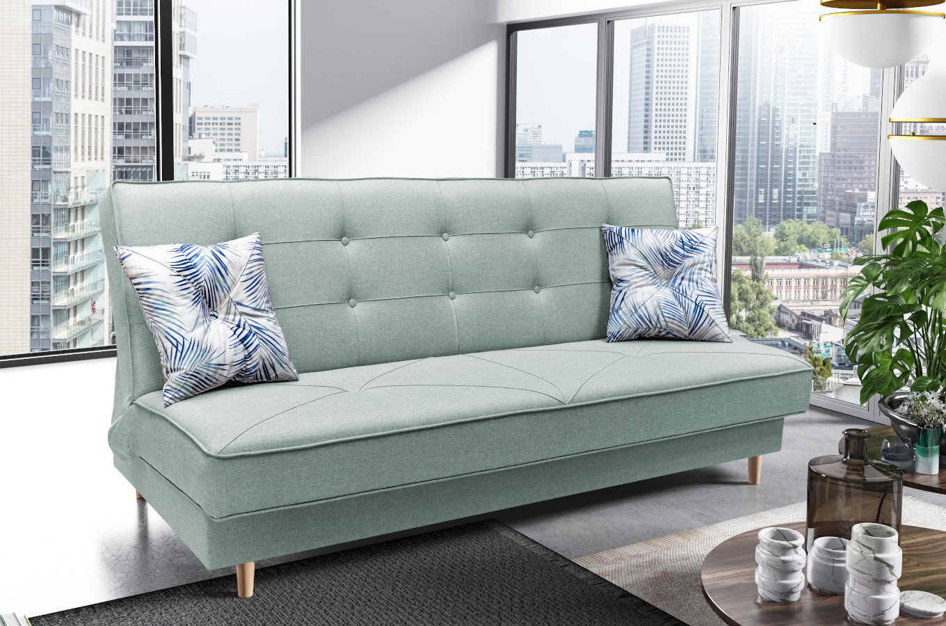 Elegancka sofa IZA w skandynawskim stylu, z funkcją spania i pojemnikiem na pościel