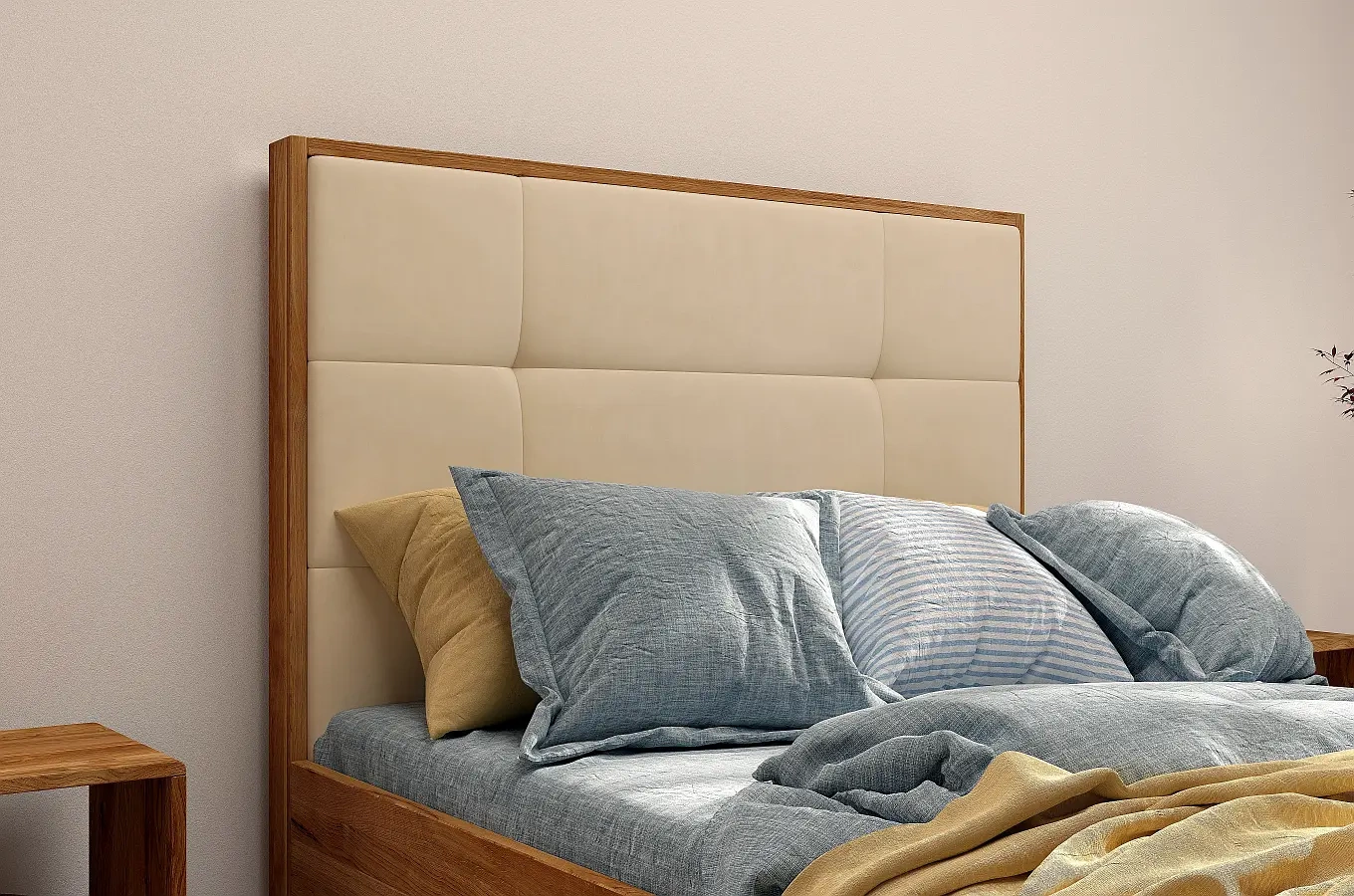 Tapicerowane łóżko drewniane dębowe Visby FRIDA z wysokim zagłówkiem / 160x200 cm, lakier naturalny, zagłówek French Velvet 663