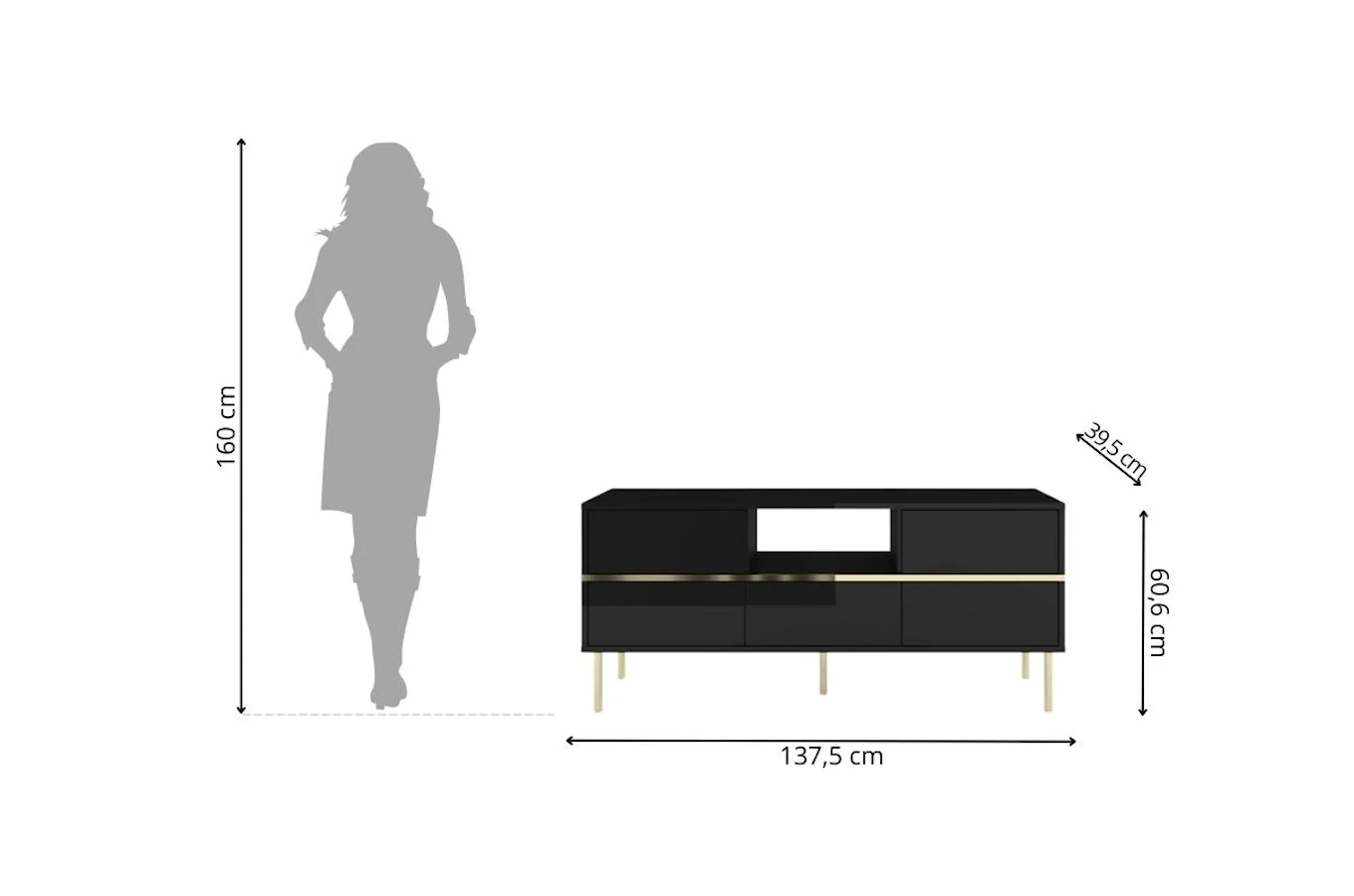 Elegancka czarna komoda RTV Dancan MARIKA ze złotymi dodatkami / szer. 137,5 cm