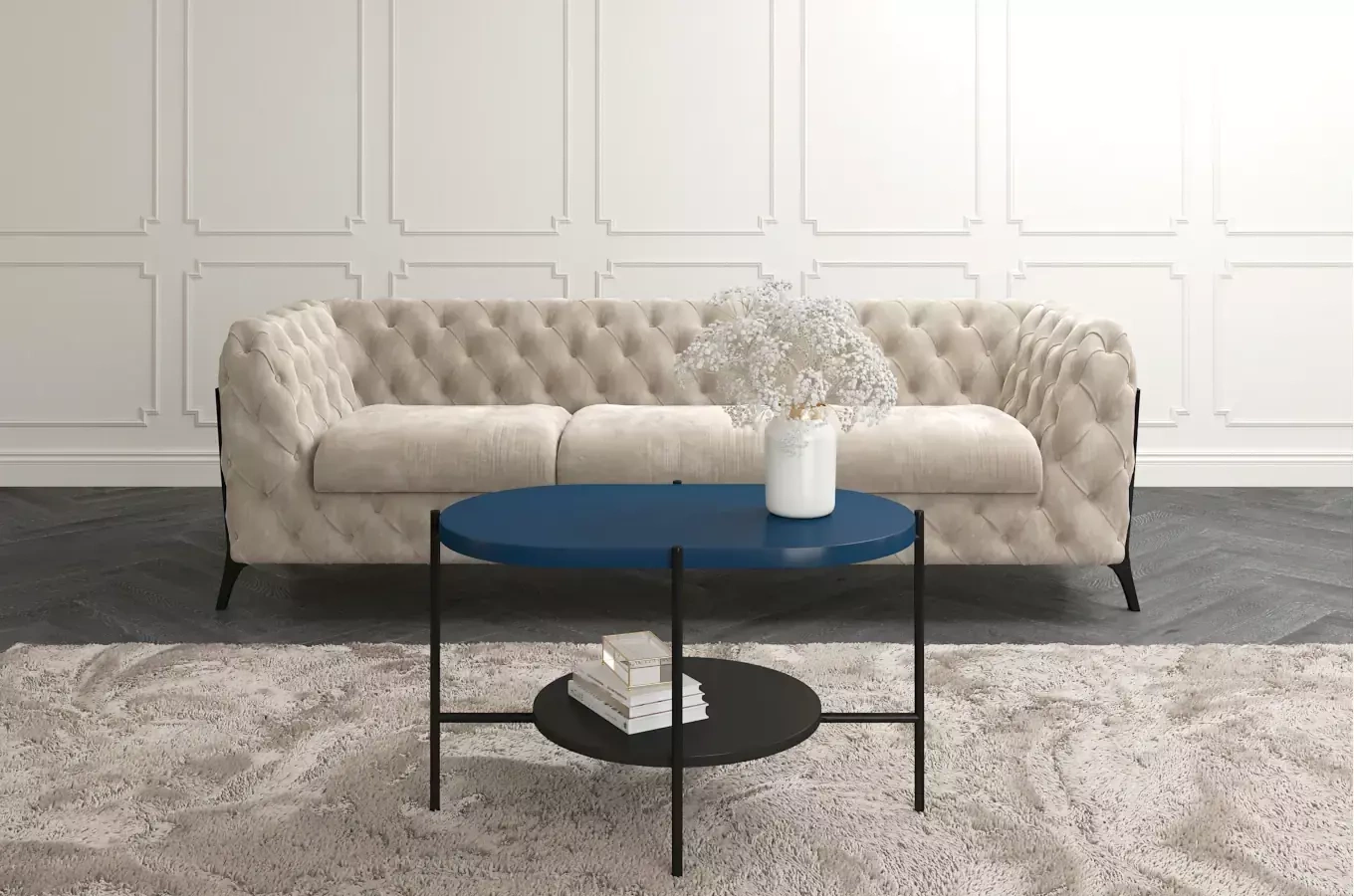 Nowoczesny stolik kawowy Dancan ARENA / czarna podstawa + granatowy i czarny blat