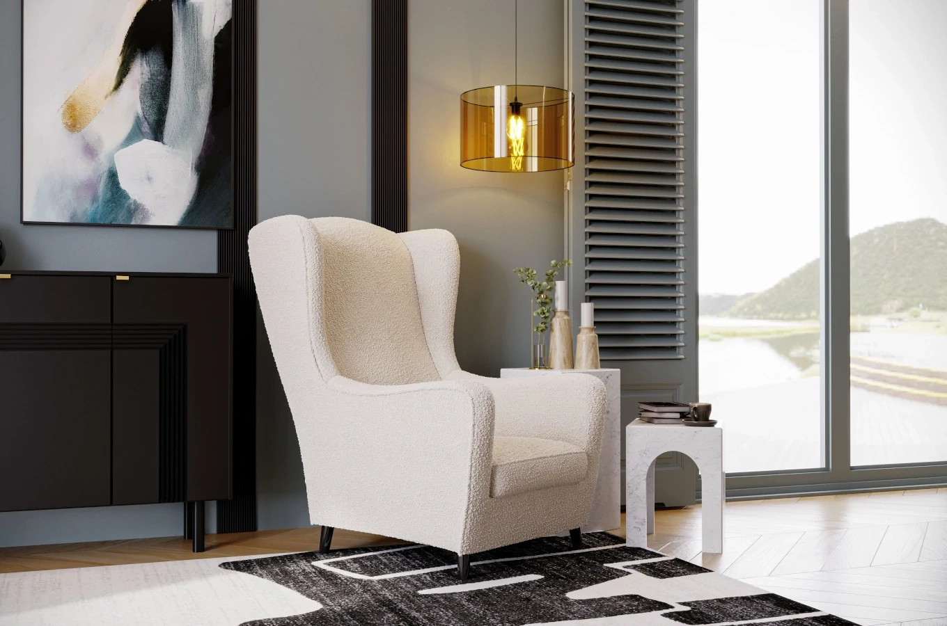 Fotel uszak Skandica AGNETA w tkaninie boucle / nóżki czarne