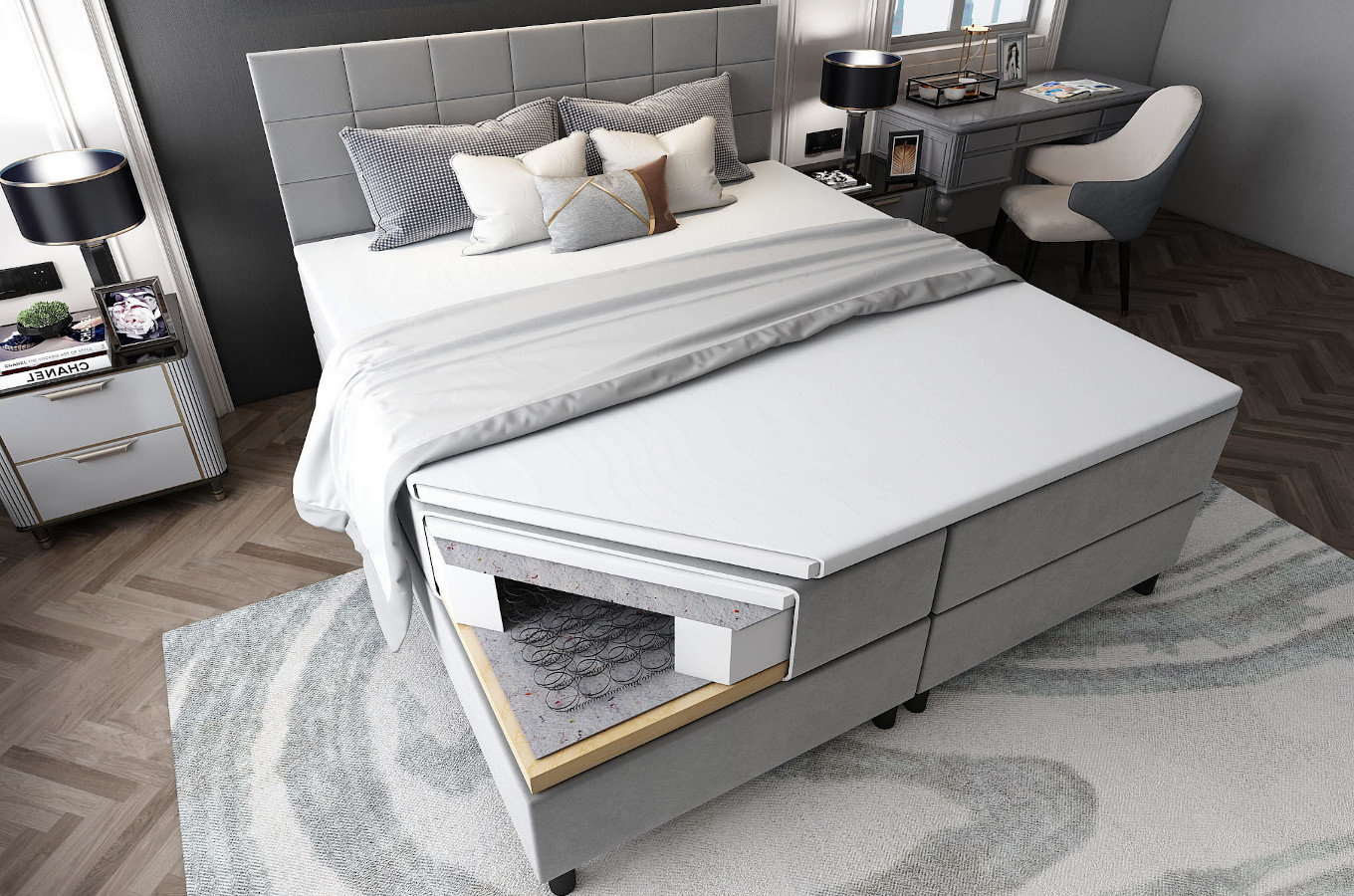 Tapicerowane łóżko kontynentalne TOKIO z zagłówkiem