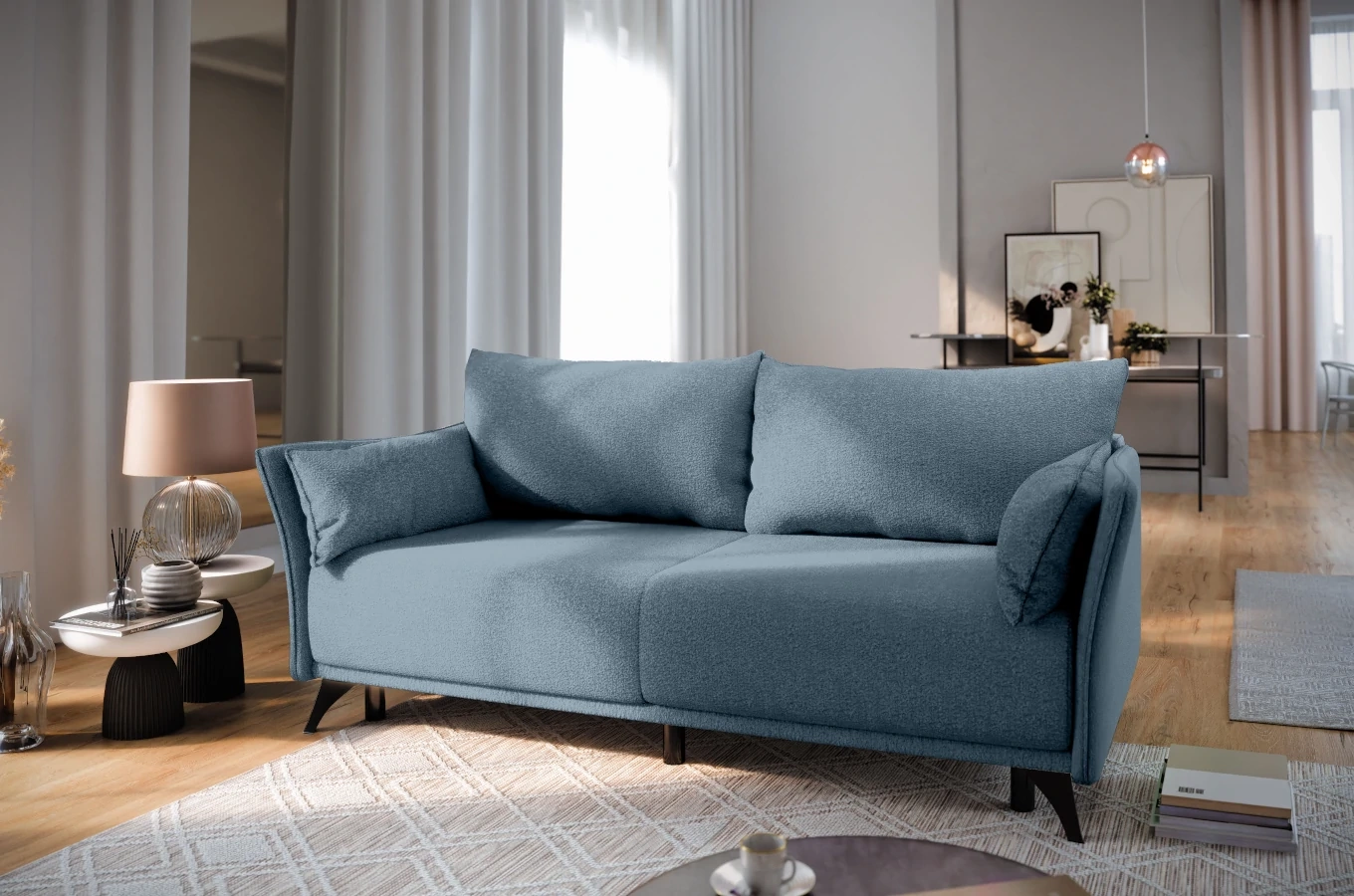 Nowoczesna sofa rozkładana EMMA z funkcją spania i pojemnikiem na pościel / szerokość 223 cm