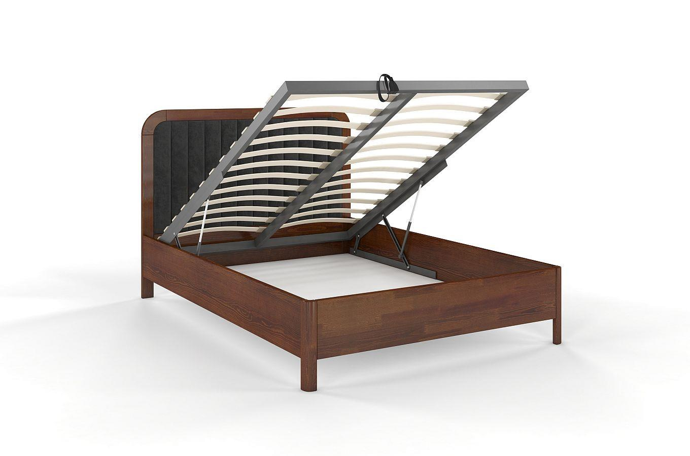 Tapicerowane łóżko drewniane sosnowe Visby MODENA BC z wysokim zagłówkiem / 140x200 cm, kolor orzech, zagłówek Casablanca 2315 (skrzynia na pościel)