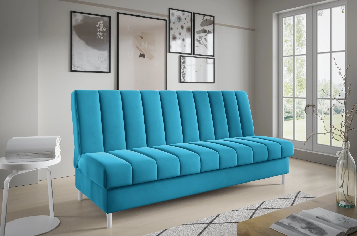 Nowoczesna sofa NEVADA w skandynawskim stylu z funkcją spania i pojemnikiem na pościel