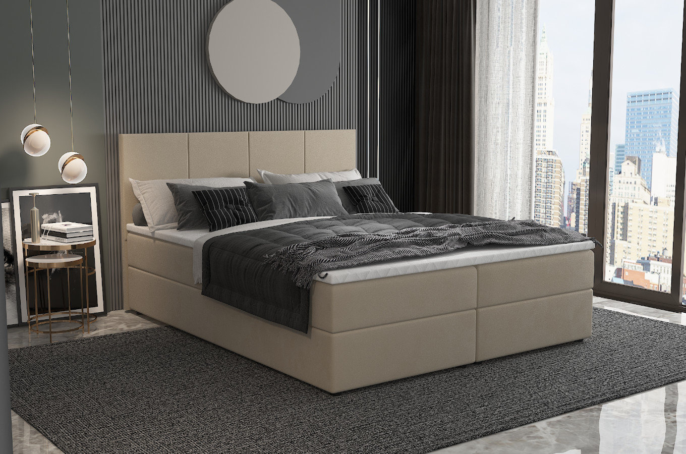 Tapicerowane łóżko kontynentalne SOFIA z zagłówkiem z pionowymi przeszyciami