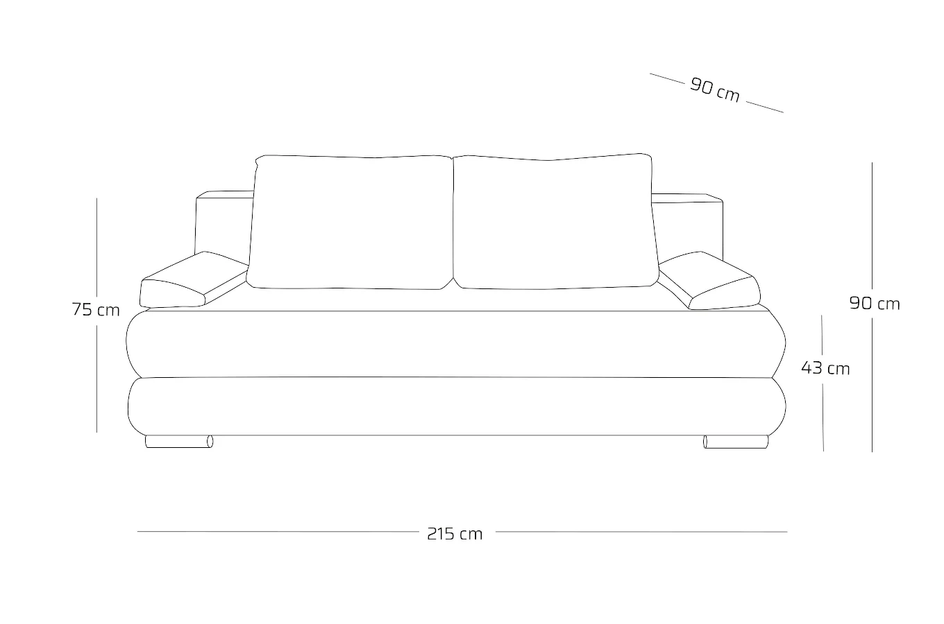 Kompaktowa sofa rozkładana FLAVIA z funkcją spania i pojemnikiem na pościel / szerokość 215 cm