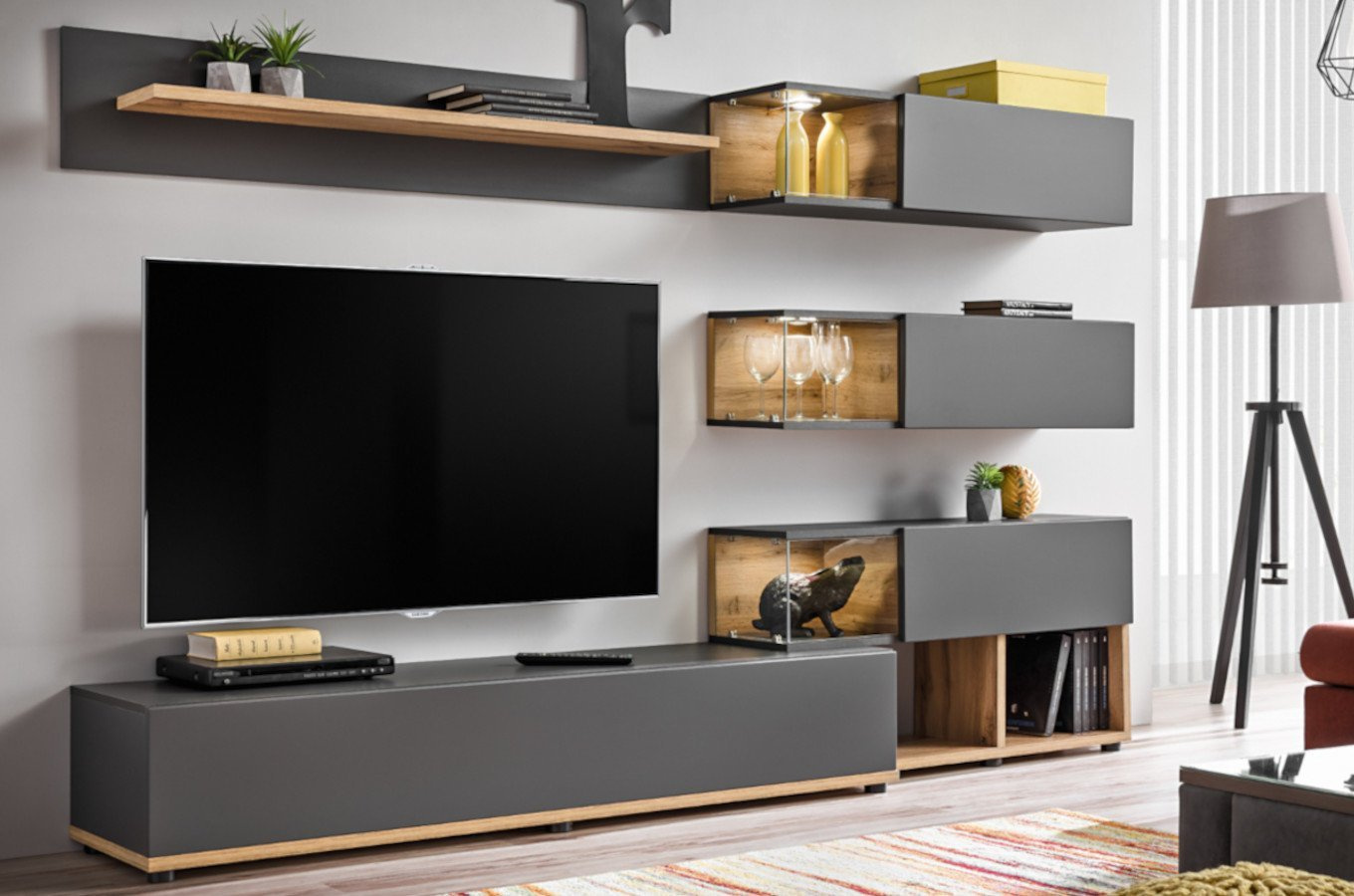 Nowoczesna meblościanka SILK / Front Biały połysk / Korpus Biały + Perla Elm