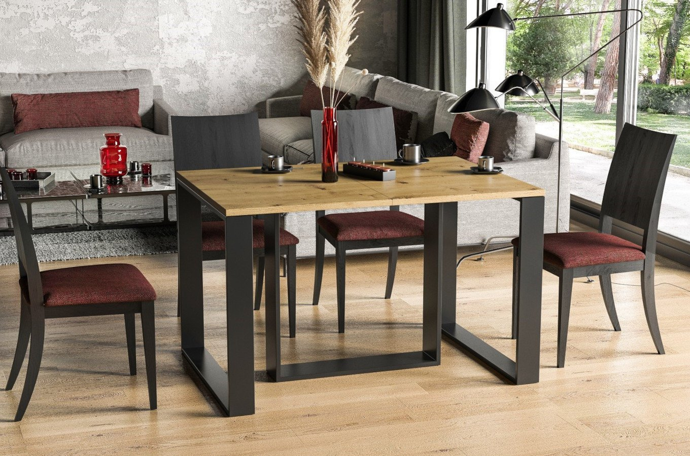 Nowoczesny rozkładany stół BORYS na metalowych nogach 130-330 x 80 cm (dąb artisan)