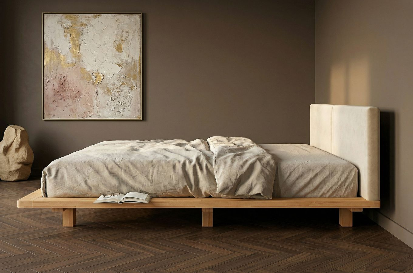 Łóżko lewitujące drewniane bukowe Eyko HVAR / 180x200 cm / kolor naturalny / zagłówek ecru (Casablanca 228.02/2301)