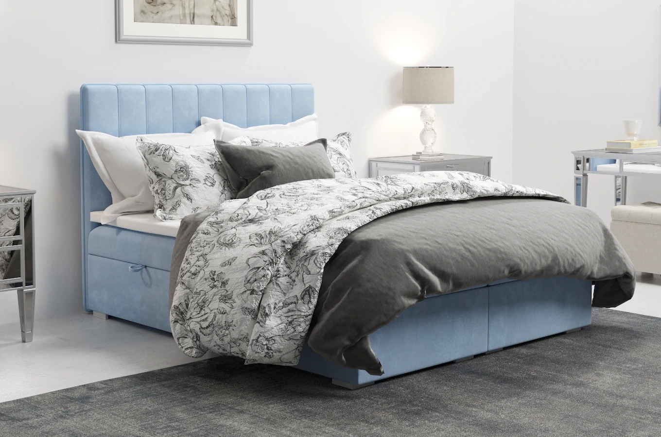 Eleganckie tapicerowane łóżko kontynentalne do sypialni CAREN z pojemnikiem na pościel