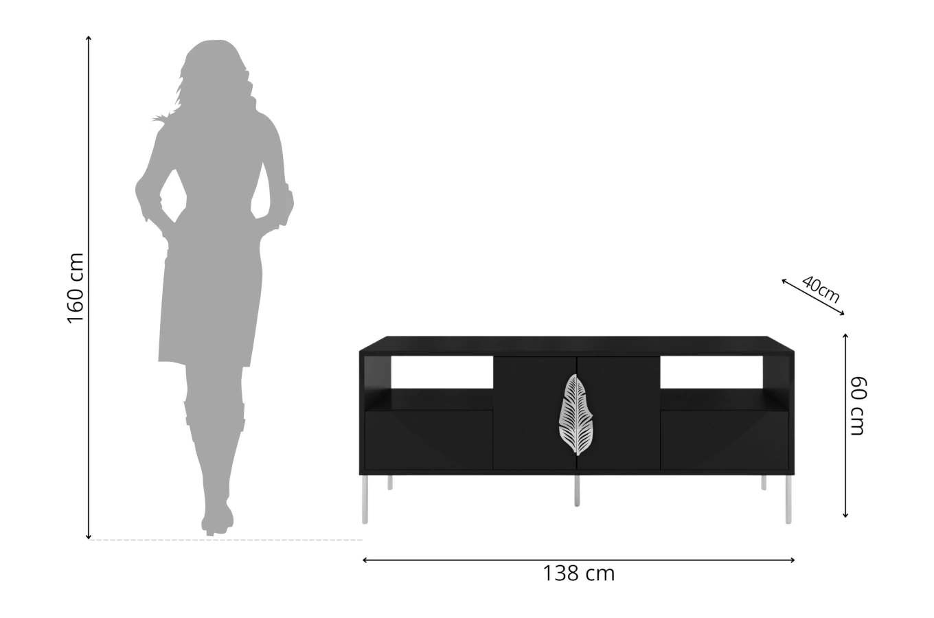 Czarna komoda RTV Skandica MERLIN ze srebrnymi dodatkami / szer. 138 cm