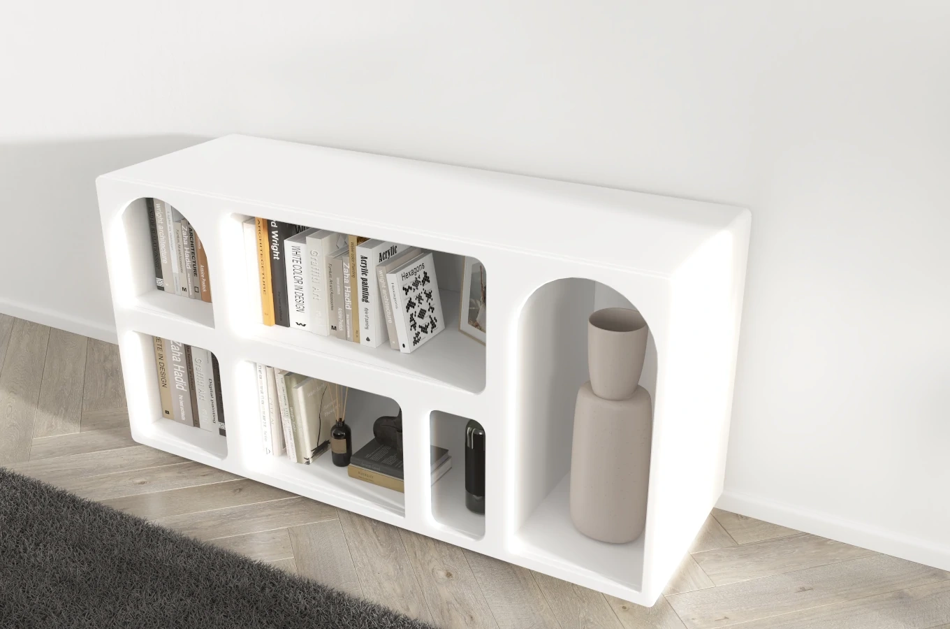 Drewniana komoda - regał - szafka RTV z łukami Visby OLIMPIA LONG / kolor biały / szer. 140 cm