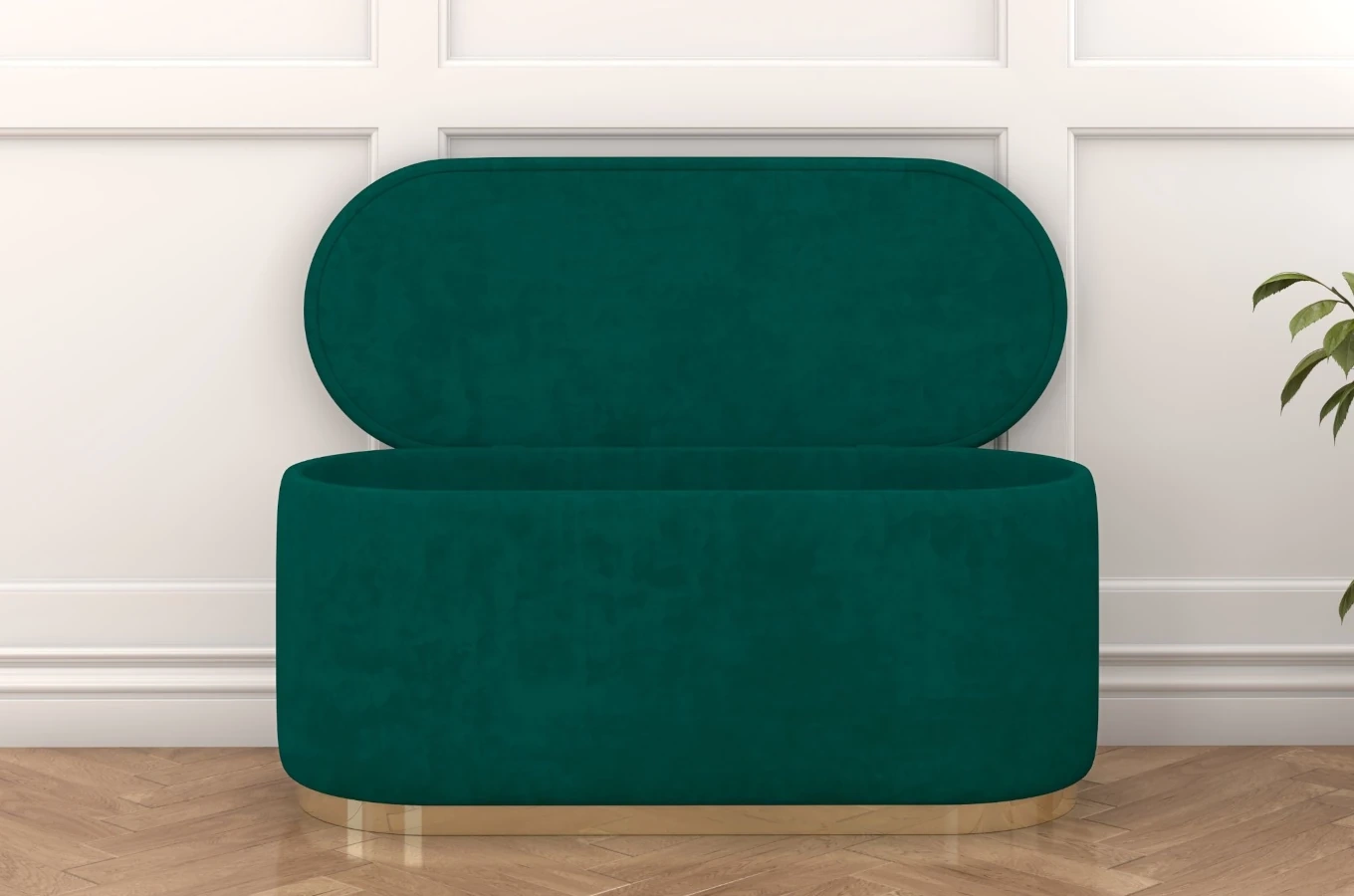 Zielony owalny puf ze schowkiem Dancan SCARLETT na złotej podstawie