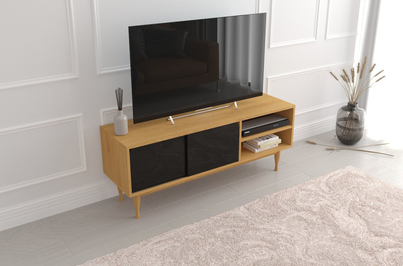 Szafka RTV Skandica ELZA Black na dębowych nogach / szer. 135 cm