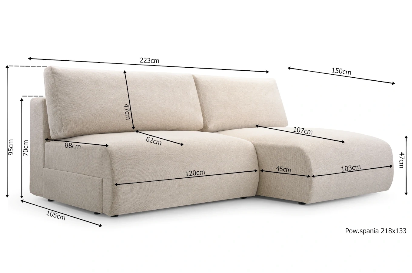 Nowoczesny rozkładany narożnik PIKSI z pojemnikiem na pościel