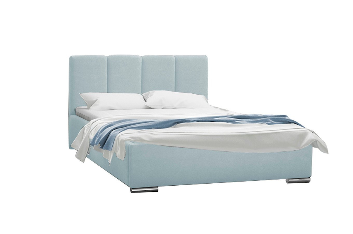 Tapicerowane łóżko do sypialni MALAR z pionowymi przeszyciami na zagłówku.