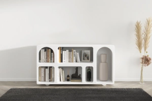 Drewniana komoda - regał - szafka RTV z łukami Visby OLIMPIA LONG / kolor biały / szer. 140 cm