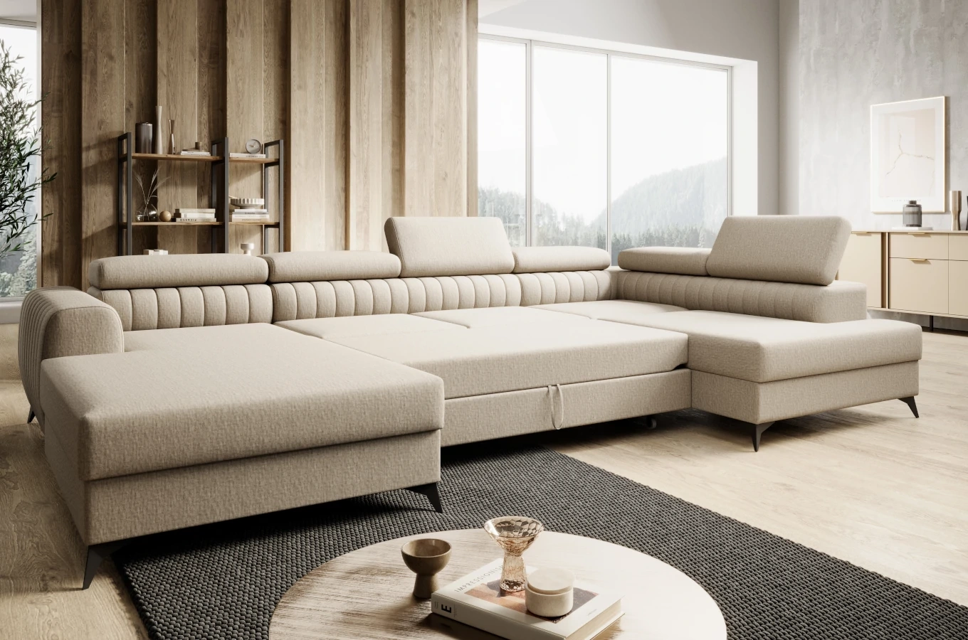 Nowoczesny narożnik PLAZA z funkcją spania i dwoma pojemnikami na pościel