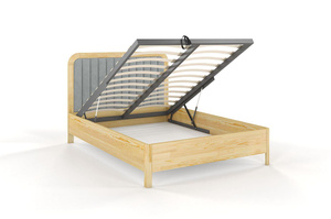 Tapicerowane łóżko drewniane sosnowe Visby MODENA BC z wysokim zagłówkiem / 180x200 cm, kolor naturalny, zagłówek Casablanca 2314 (skrzynia na pościel)