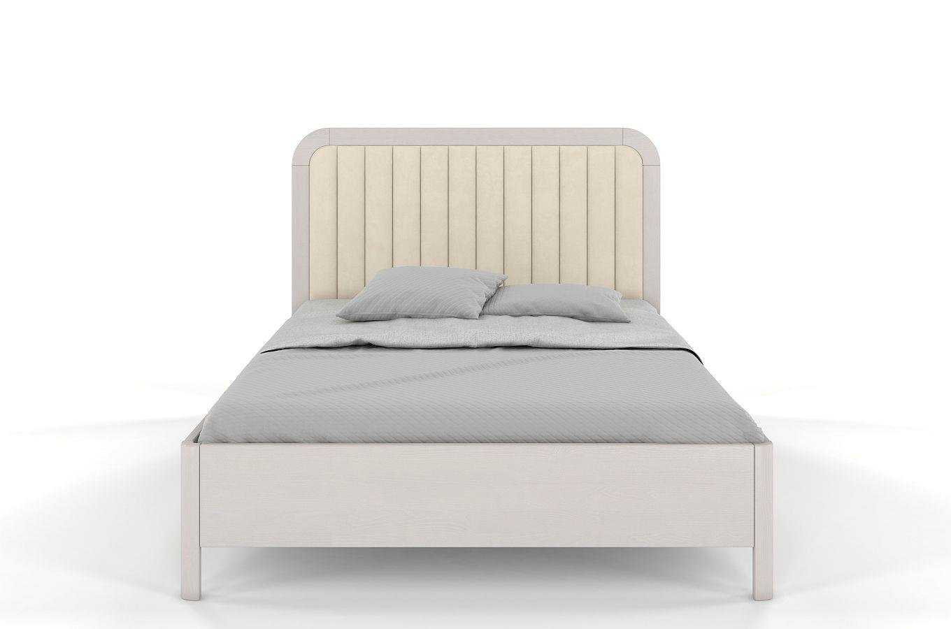 Tapicerowane łóżko drewniane sosnowe Visby MODENA z wysokim zagłówkiem / 160x200 cm, kolor biały, zagłówek Casablanca 2301