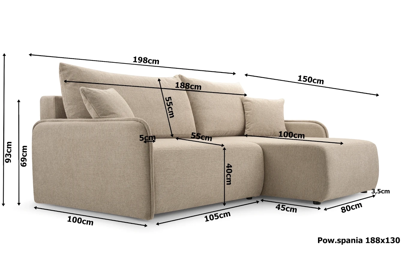 Nowoczesny rozkładany narożnik DIKSI z pojemnikiem na pościel