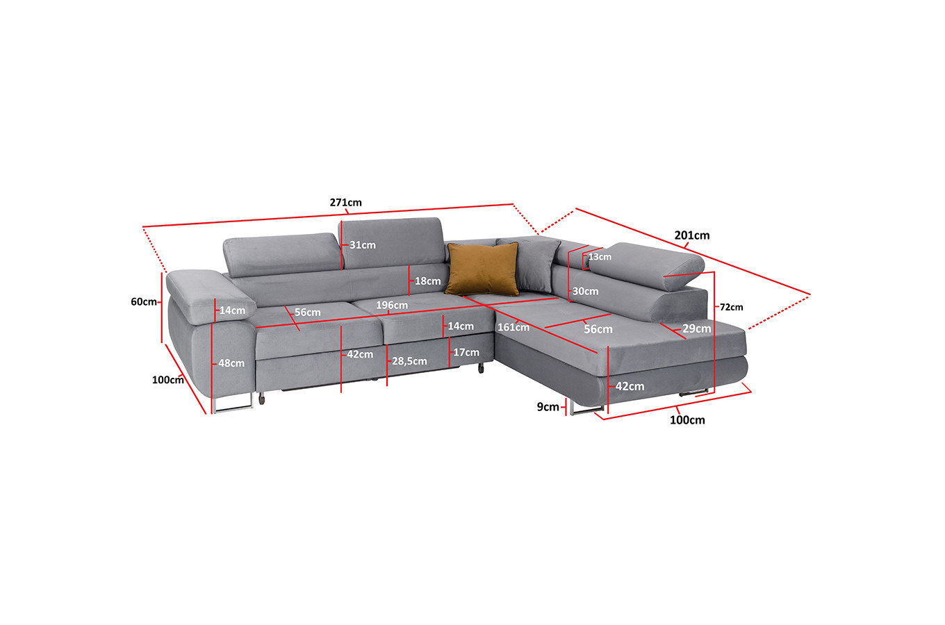 Nowoczesny narożnik DAJTI z funkcją spania, pojemnikiem na pościel oraz regulowanymi zagłówkami