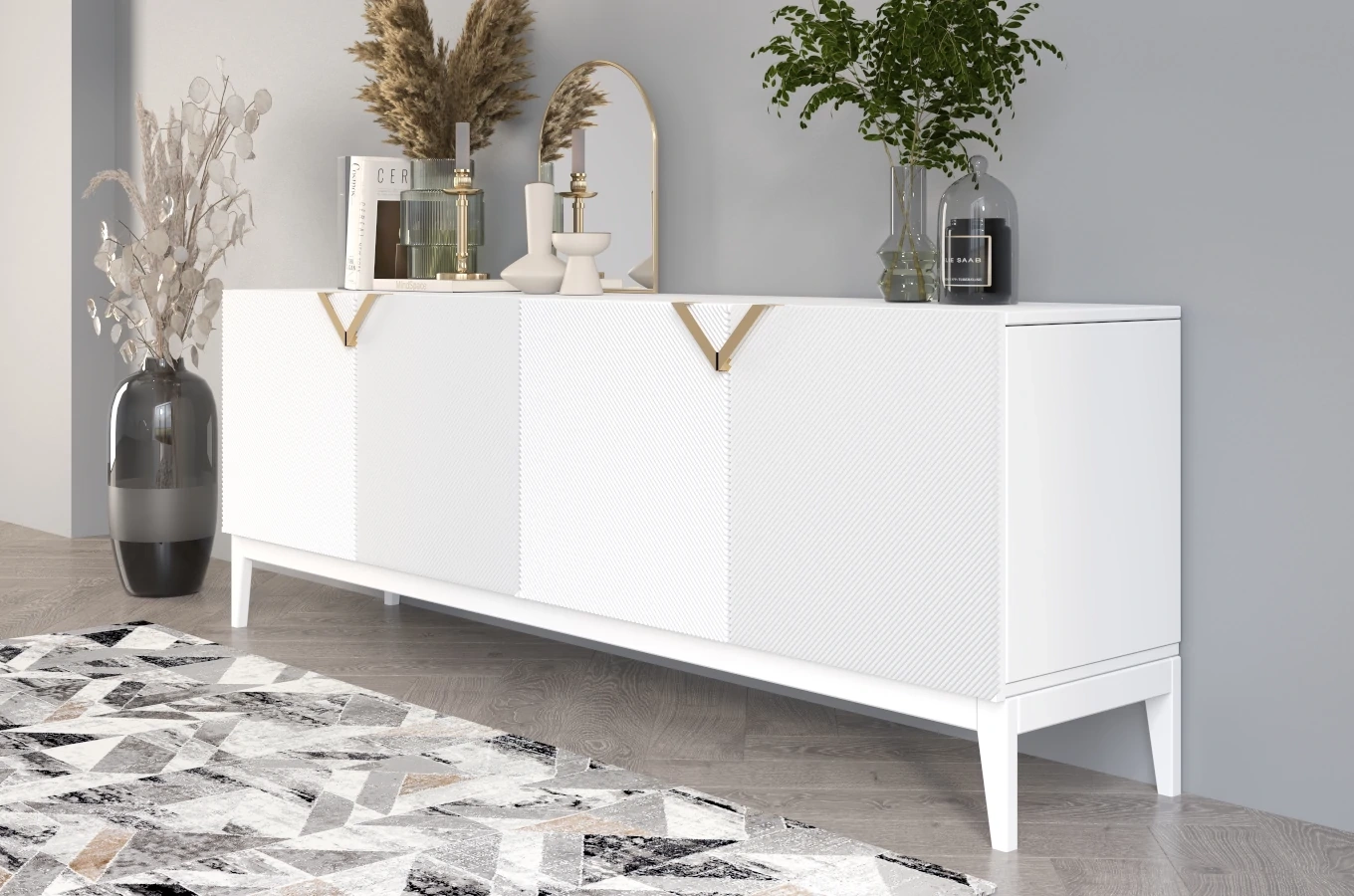 Drewniana komoda Visby DEMI LONG / kolor biały + białe nogi / szer. 201,5 cm