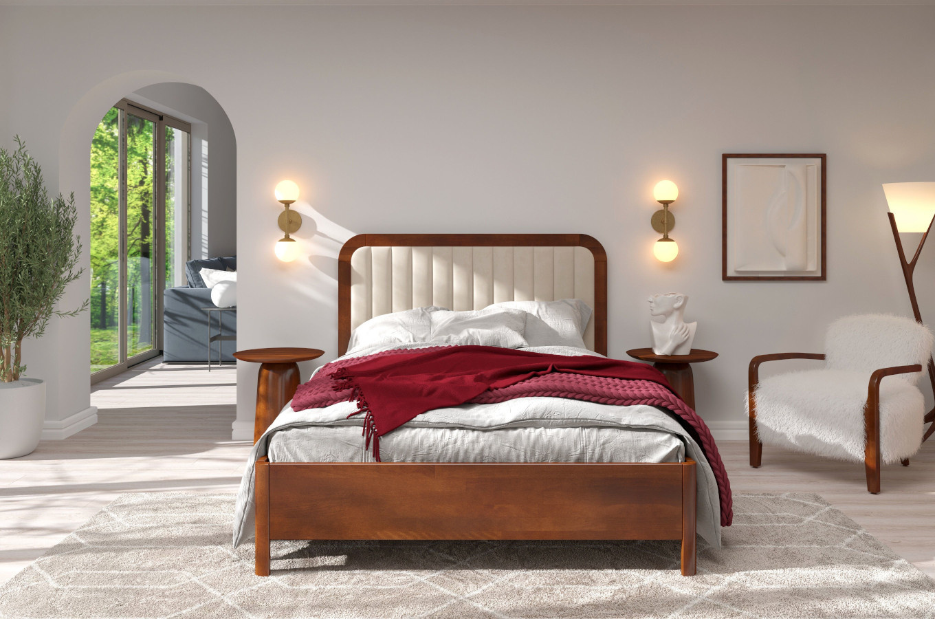 Tapicerowane łóżko drewniane bukowe Visby MODENA BC z wysokim zagłówkiem / 160x200 cm, kolor orzech, zagłówek Casablanca 2301 (skrzynia na pościel)