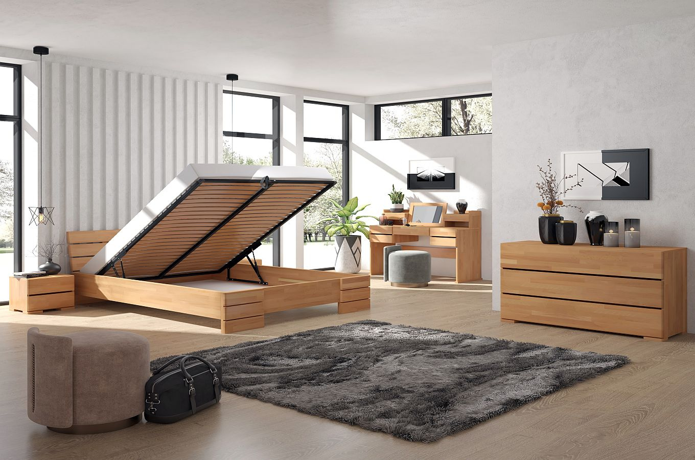 Łóżko drewniane bukowe Visby Sandemo High BC (Skrzynia na pościel) / 140x200 cm, kolor naturalny