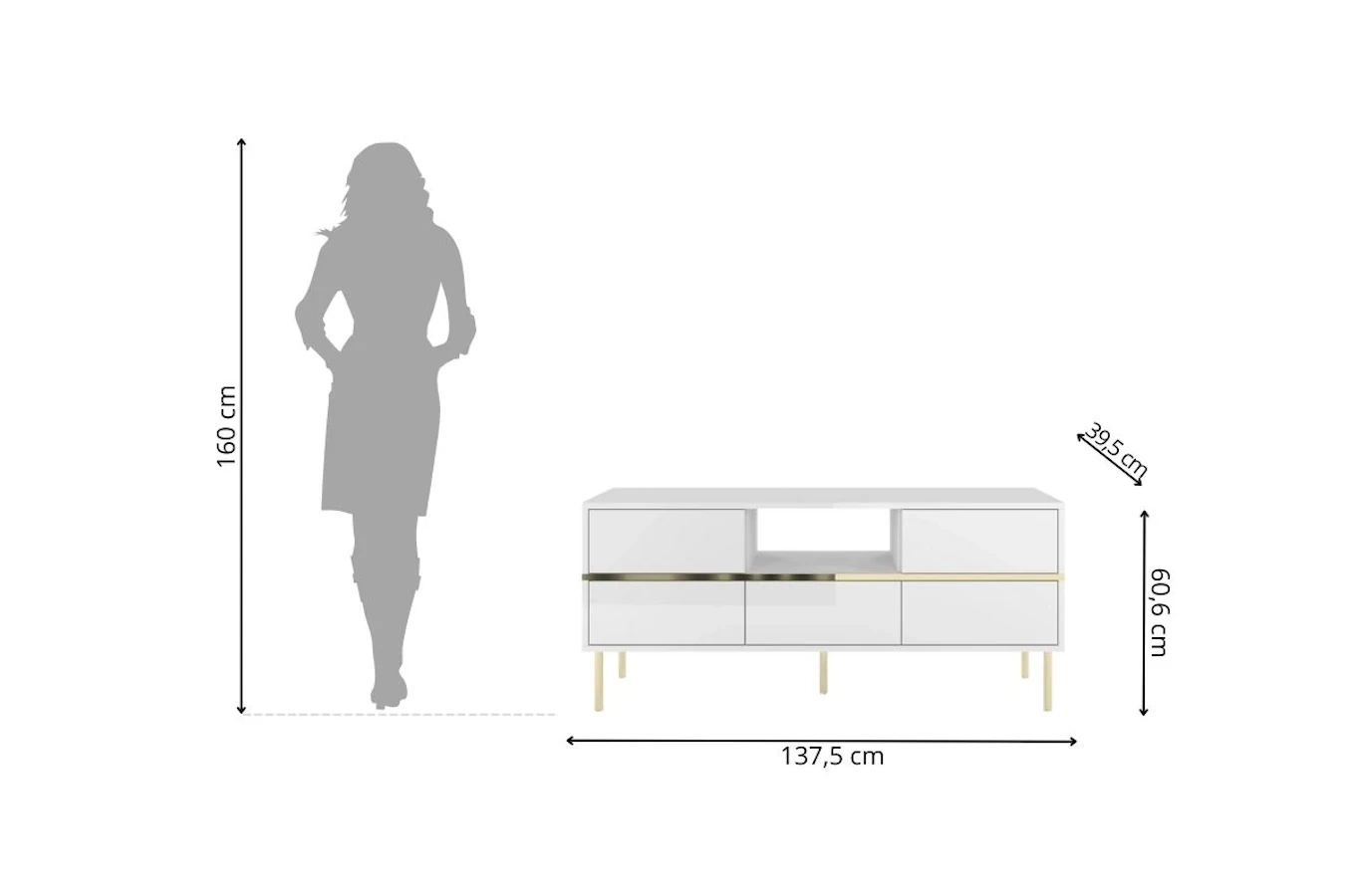 Elegancka biała komoda RTV Dancan MARIKA ze złotymi dodatkami / szer. 137,5 cm