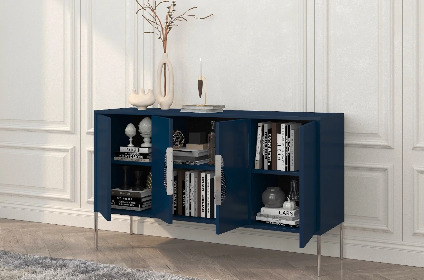 Granatowa komoda Skandica MERLIN ze srebrnymi dodatkami / szer. 138 cm