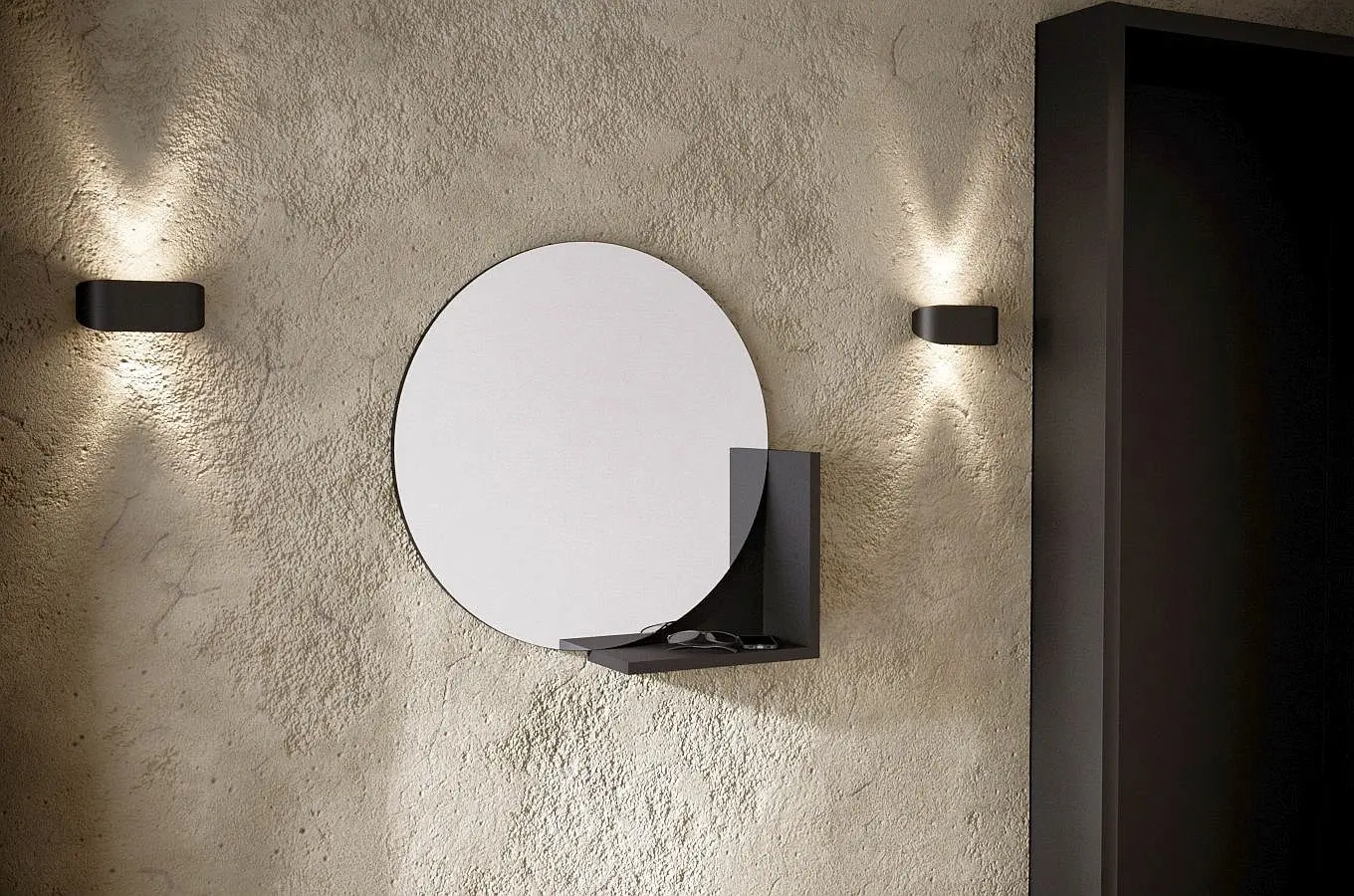 Okrągłe czarne lustro z półką Skandica LUCIJA / średnica 60 cm