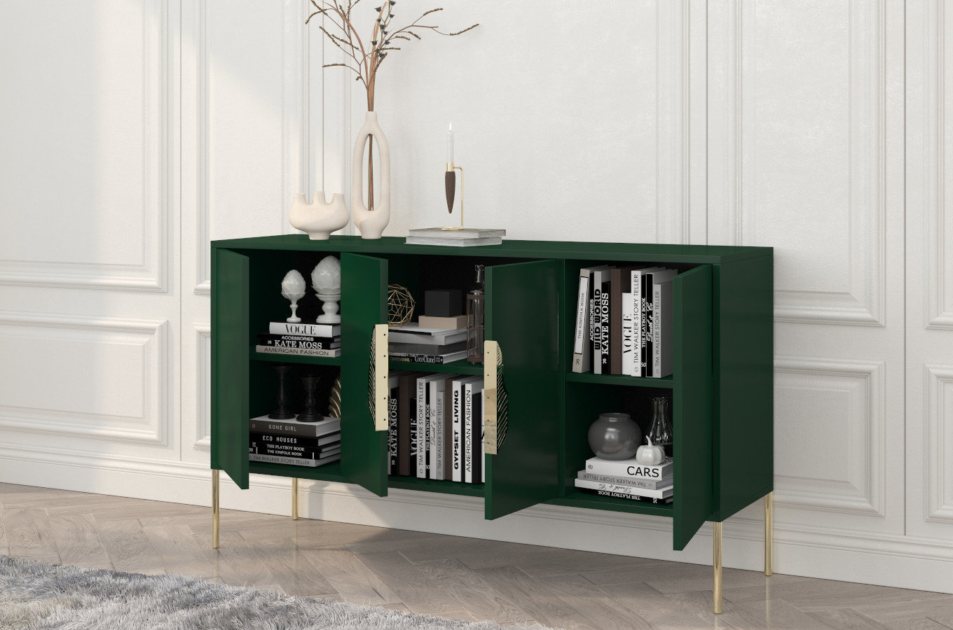 Zielona komoda Skandica MERLIN ze złotymi dodatkami / szer. 138 cm