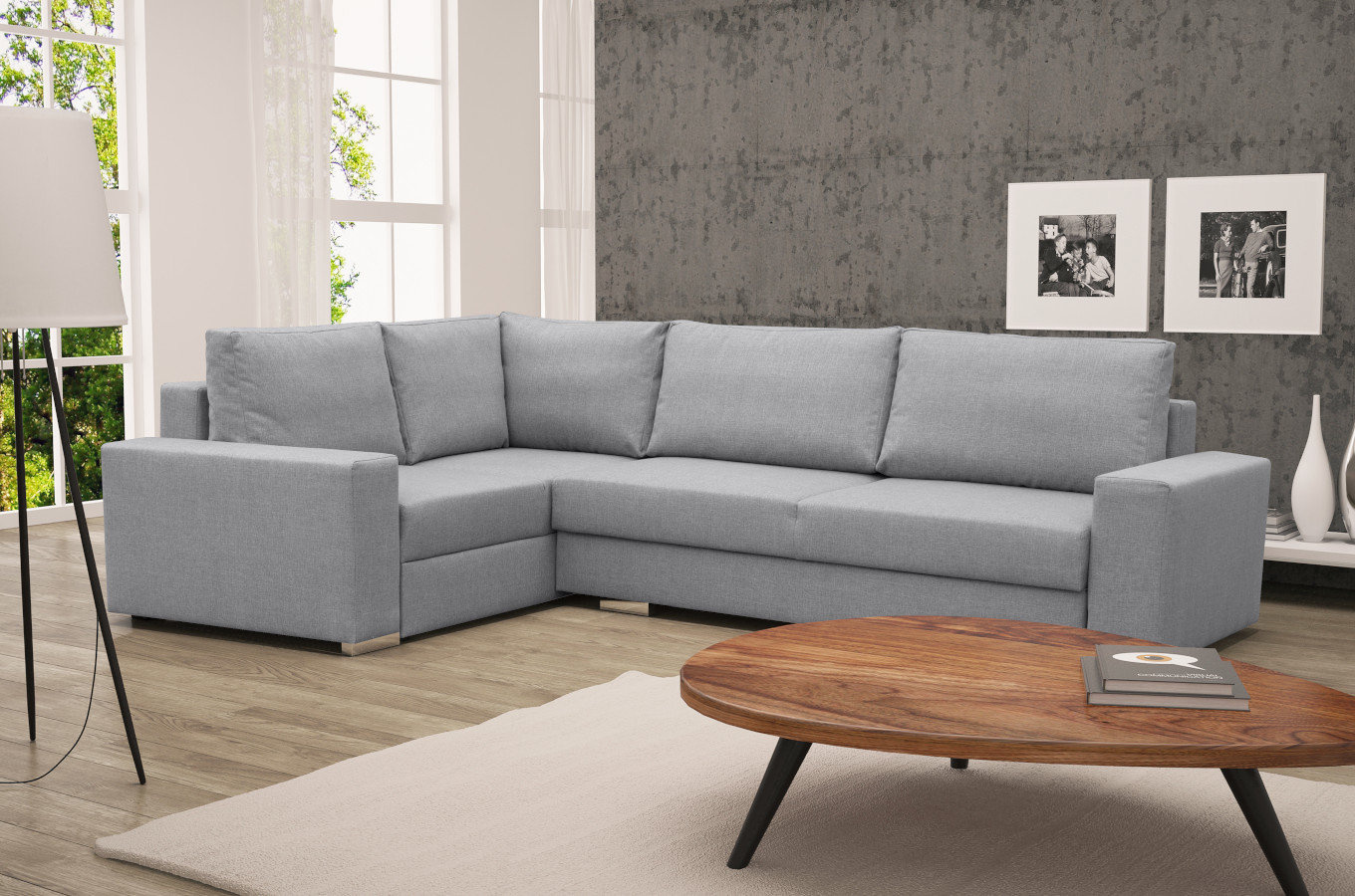 Nowoczesny rozkładany narożnik PEDRO z pojemnikiem na pościel