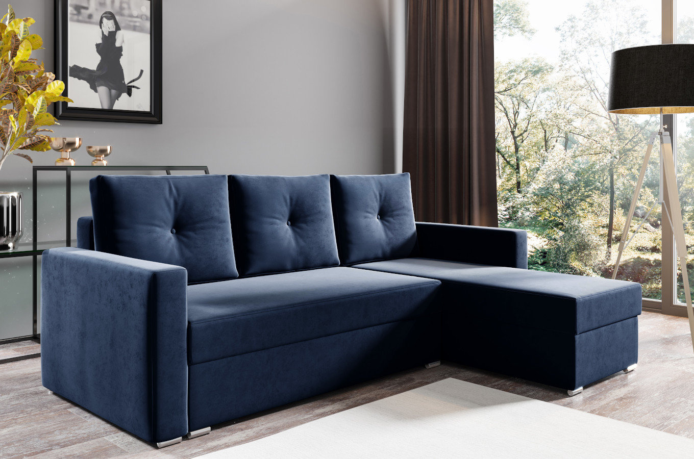 Nowoczesny narożnik ALESIO z funkcją spania i pojemnikiem na pościel