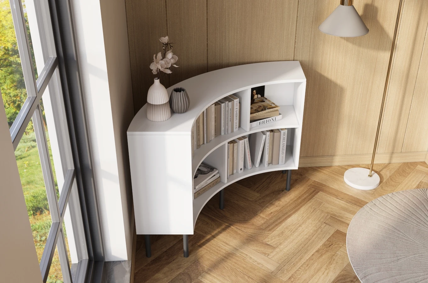 Nowoczesny narożny niski regał na książki Skandica HORN z czarnymi nogami / biały / szer. 100 cm